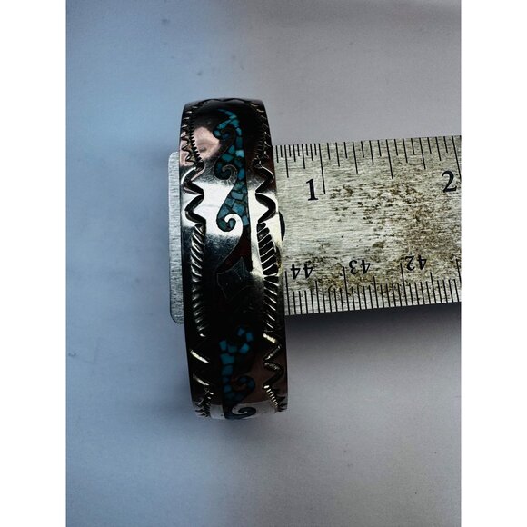 Vintage Sterling Silver Turquoise Coral Inlay Cuff Bracelet Southwestern Design - Picture 8 of 11